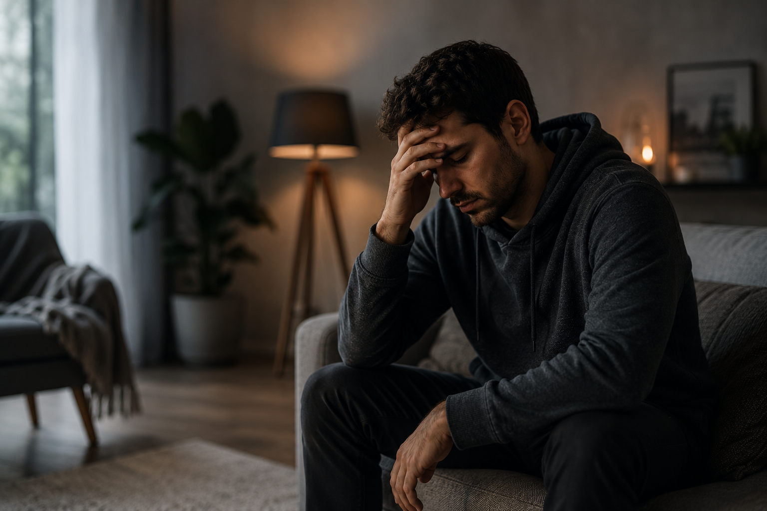 Homem cansado em casa representando mente travada e cansaço mental
