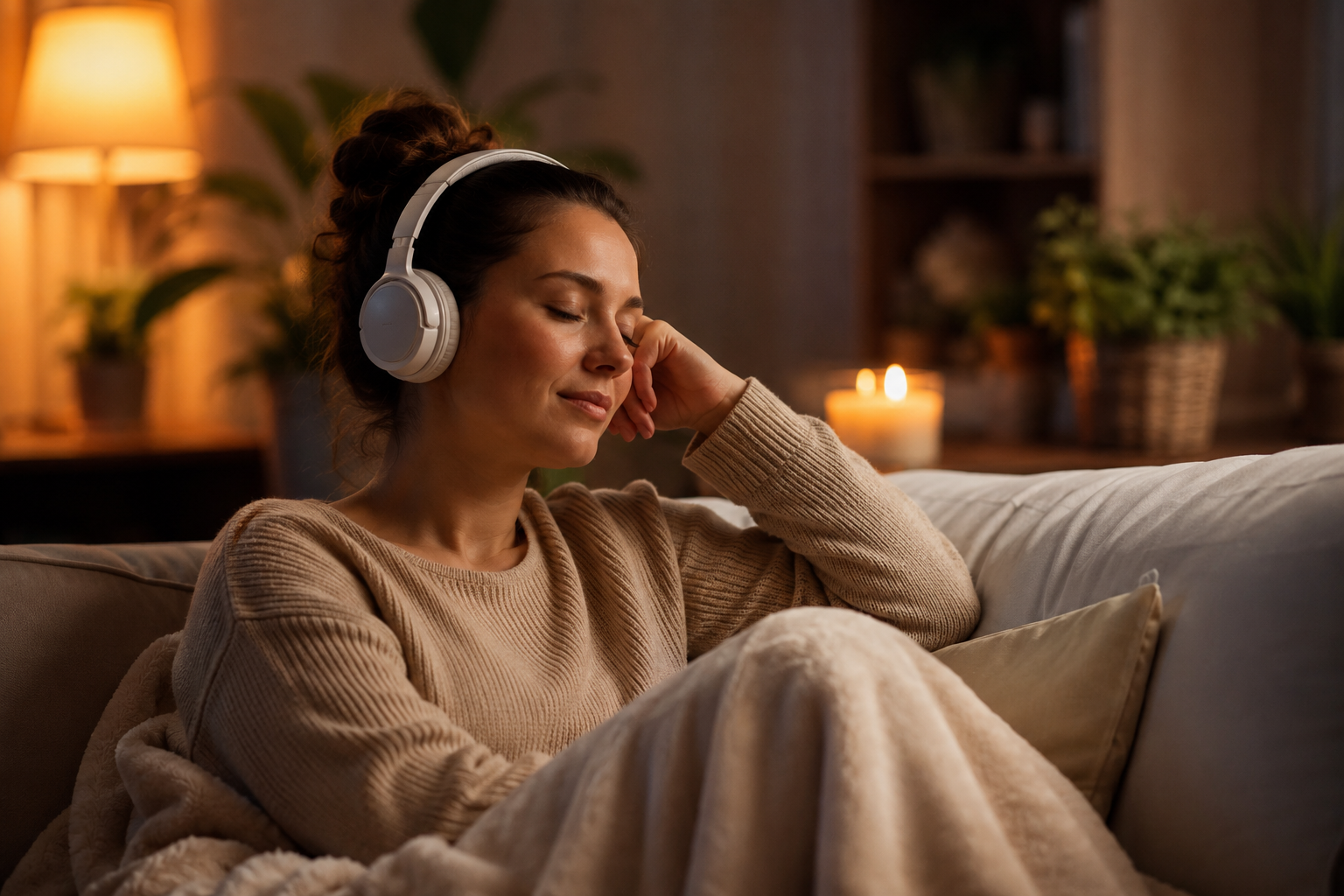 Mulher ouvindo música para relaxar e aliviar o cansaço mental