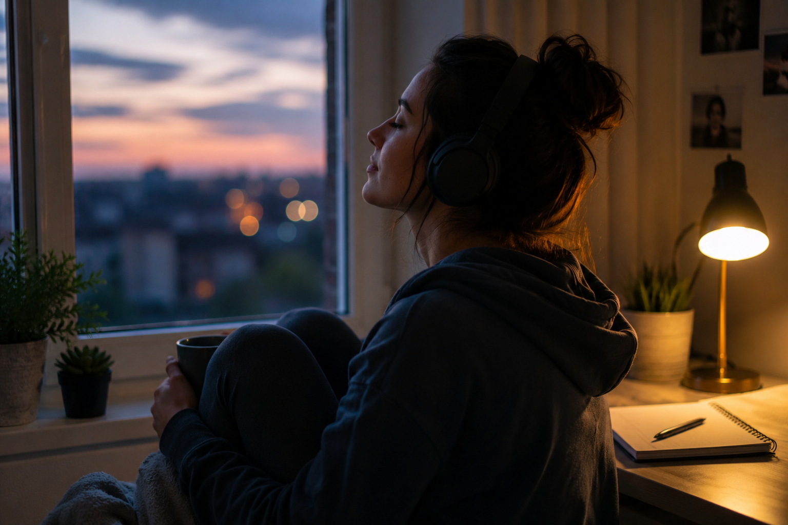 Pessoa ouvindo música perto da janela enquanto desacelera a mente