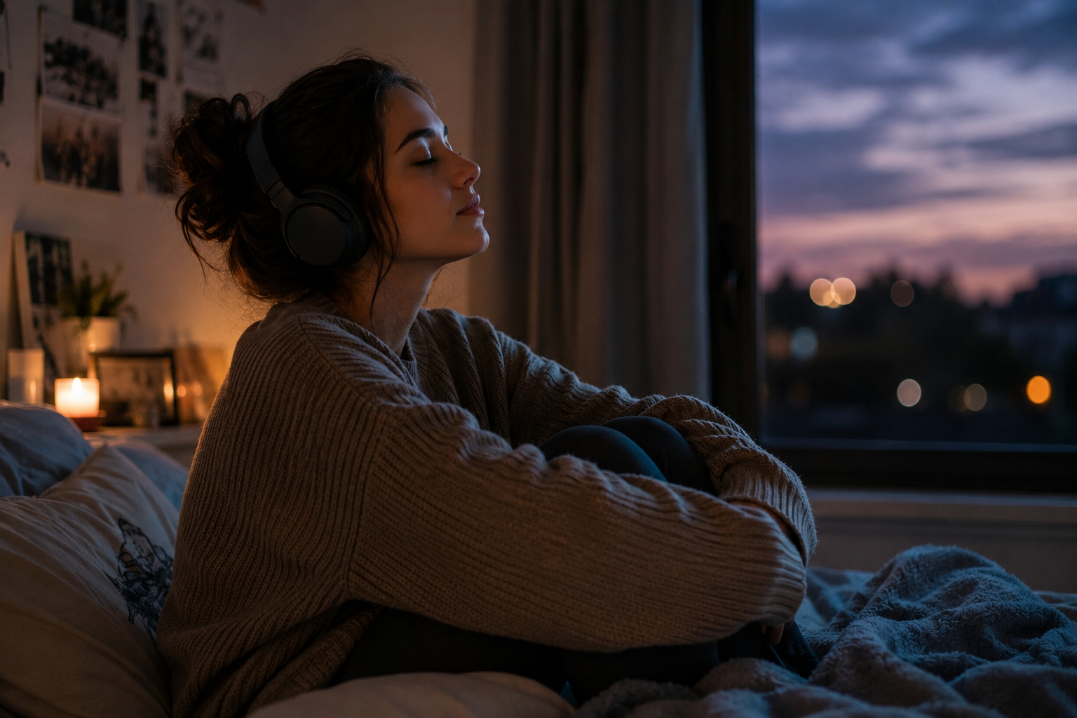 Pessoa ouvindo música em silêncio durante a noite em um momento de paz emocional