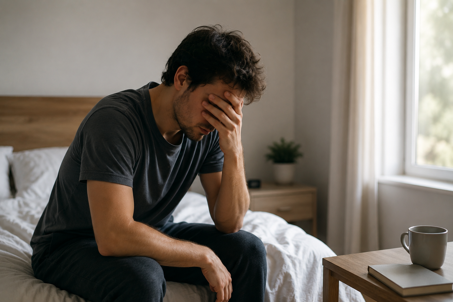 Homem cansado sentado na cama representando cansaço mental ao acordar