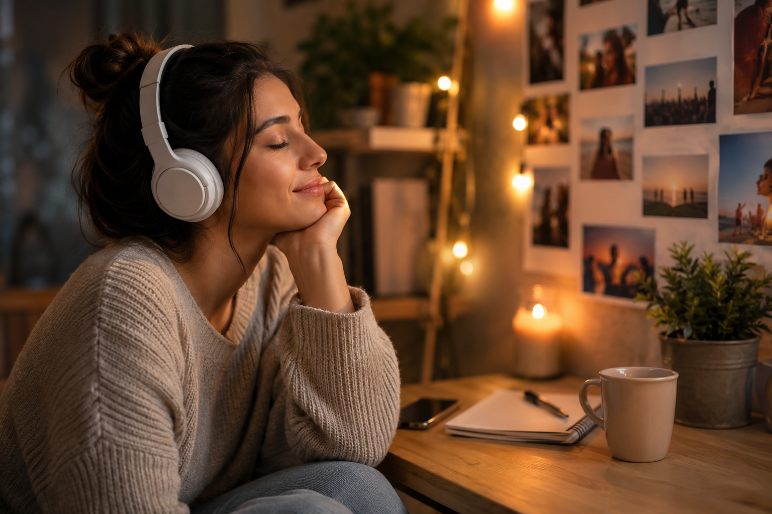 Mulher ouvindo música em um ambiente acolhedor enquanto relembra momentos importantes da vida