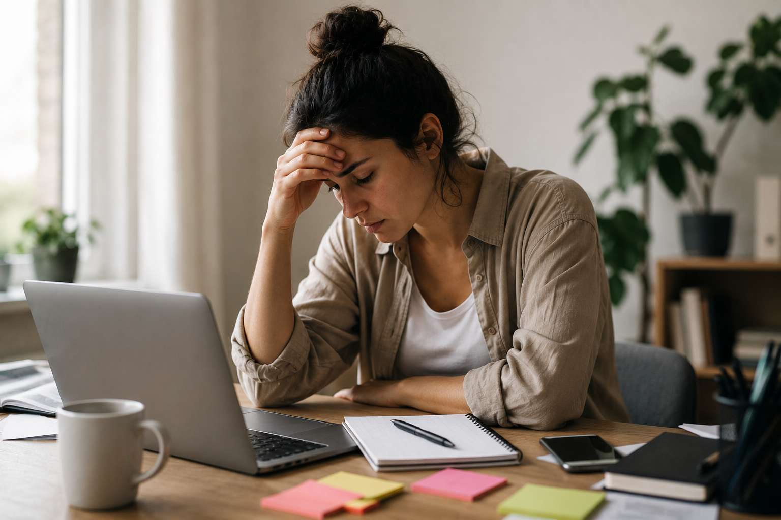 Mulher sobrecarregada tentando trabalhar no notebook com dificuldade de concentração
