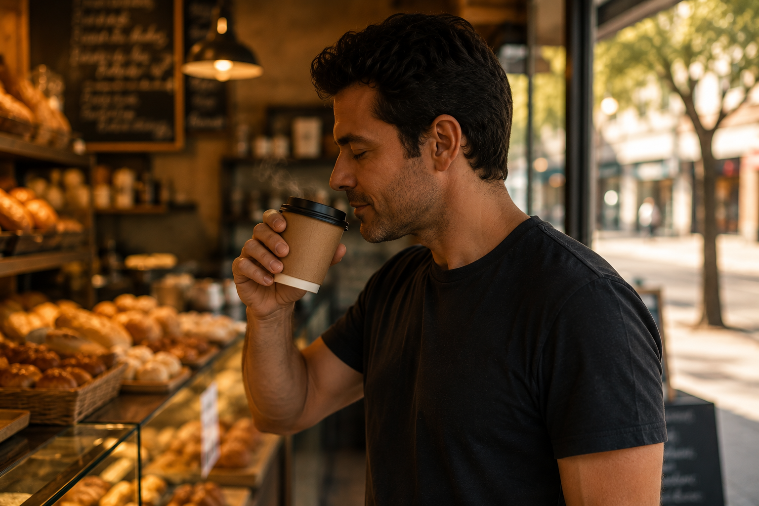 Homem sentindo o aroma de café em uma padaria