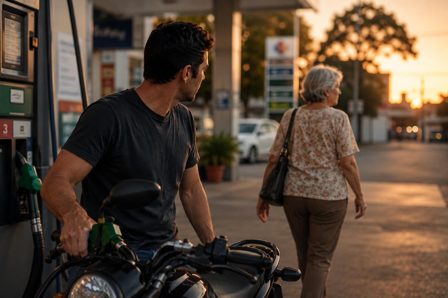 Homem abastecendo uma moto enquanto um perfume desperta uma lembrança