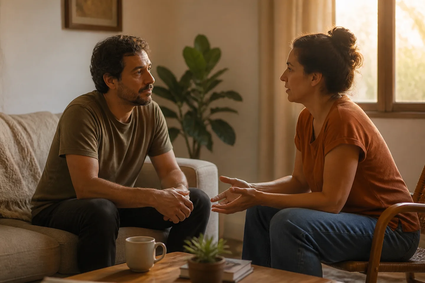 Duas pessoas conversam com atenção em uma sala tranquila.