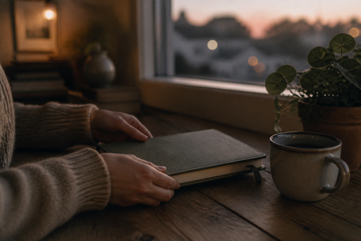 Pessoa fecha um caderno ao fim do dia, ao lado de uma xícara e uma planta.