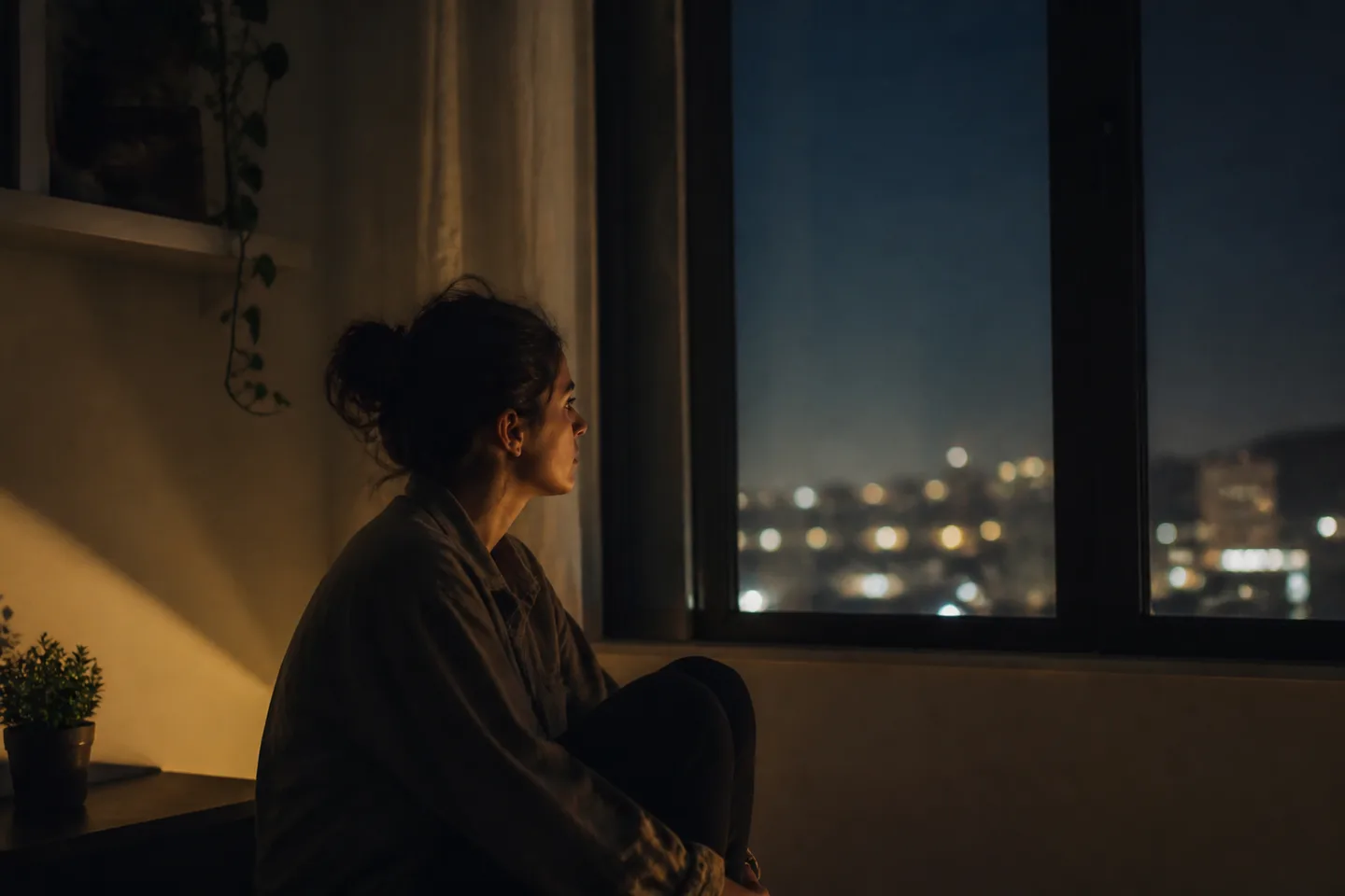 Pessoa acordada à noite enquanto tenta acalmar os pensamentos antes de dormir