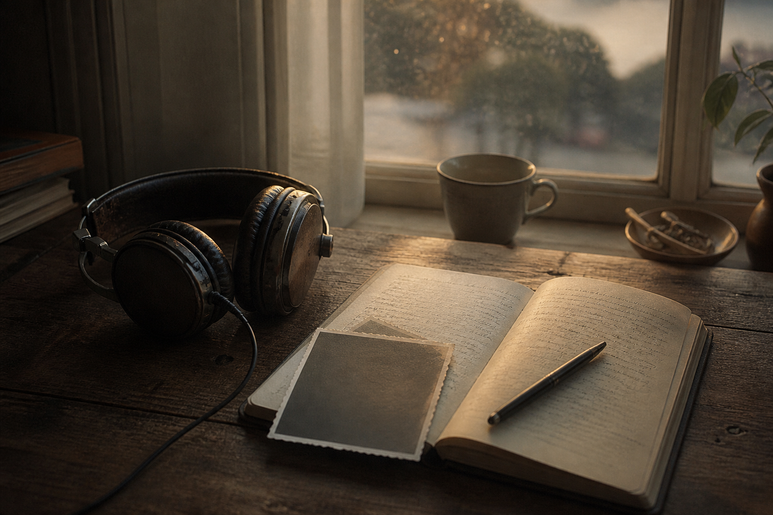 Fones de ouvido ao lado de um caderno e fotografias em uma mesa iluminada pelo fim de tarde