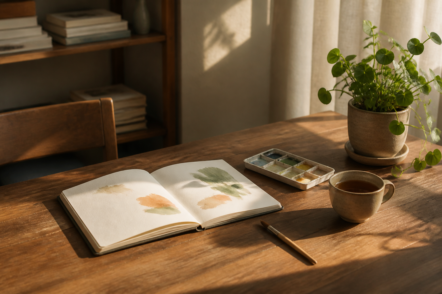 Caderno de pintura, aquarela e uma xícara sobre uma mesa iluminada pelo sol