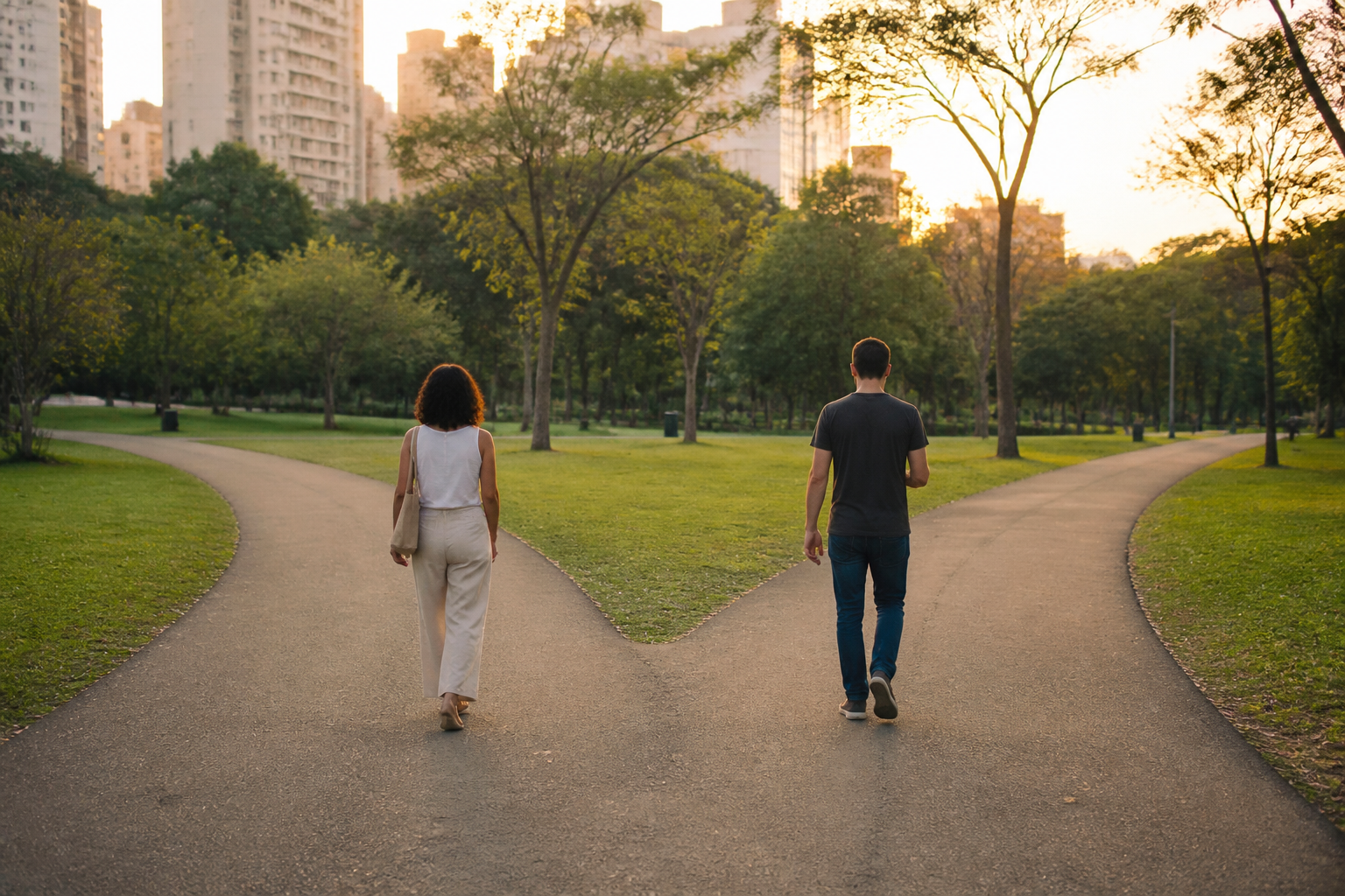 Duas pessoas seguindo caminhos diferentes em um parque, representando uma relação que mudou com o tempo.