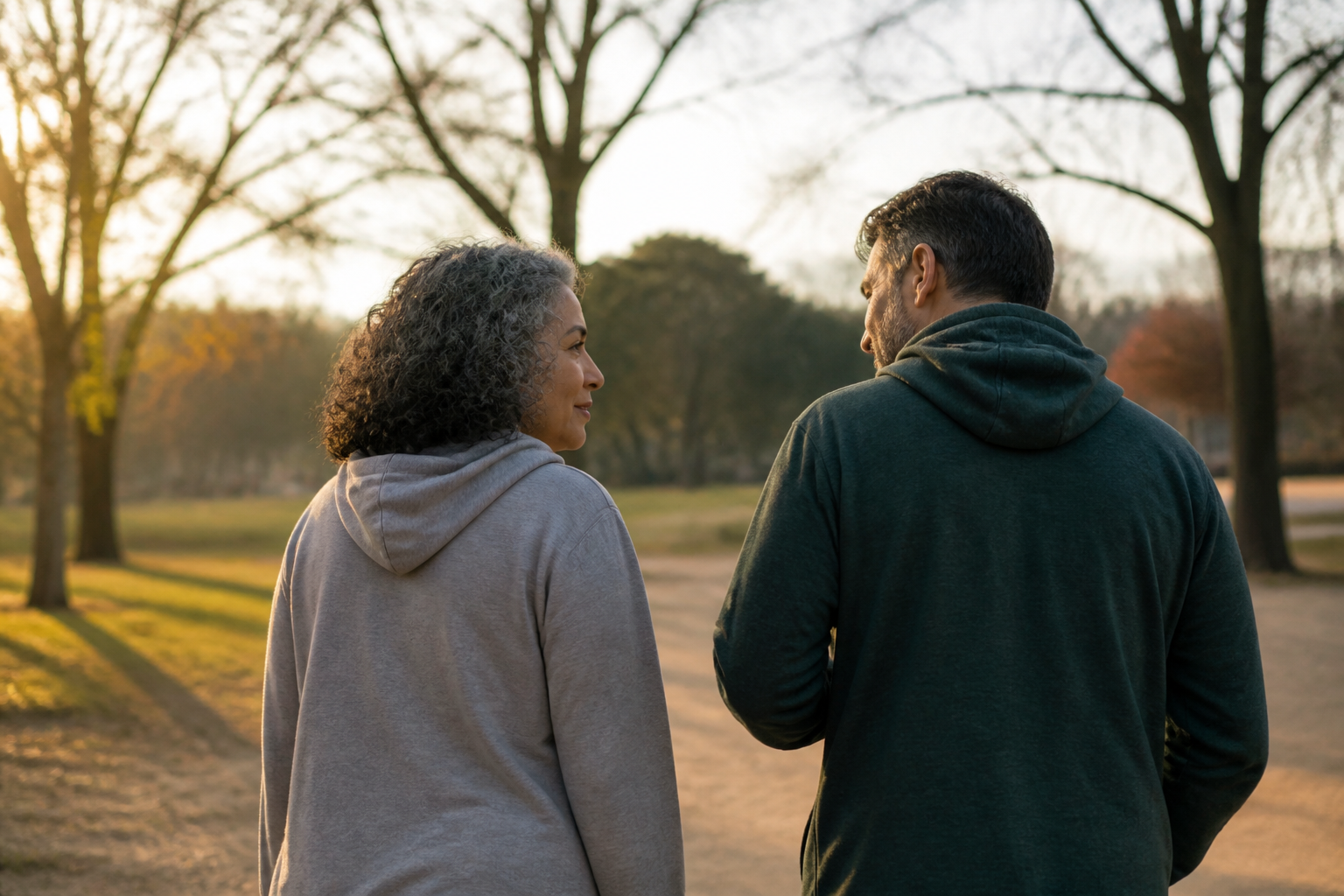 Duas pessoas conversam enquanto caminham em um parque