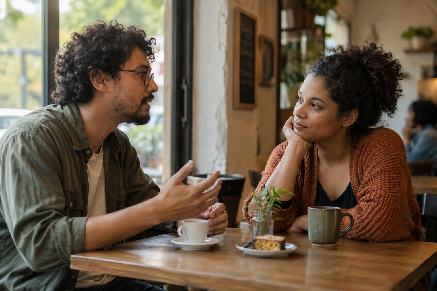 Duas pessoas conversam com atenção em uma mesa de café