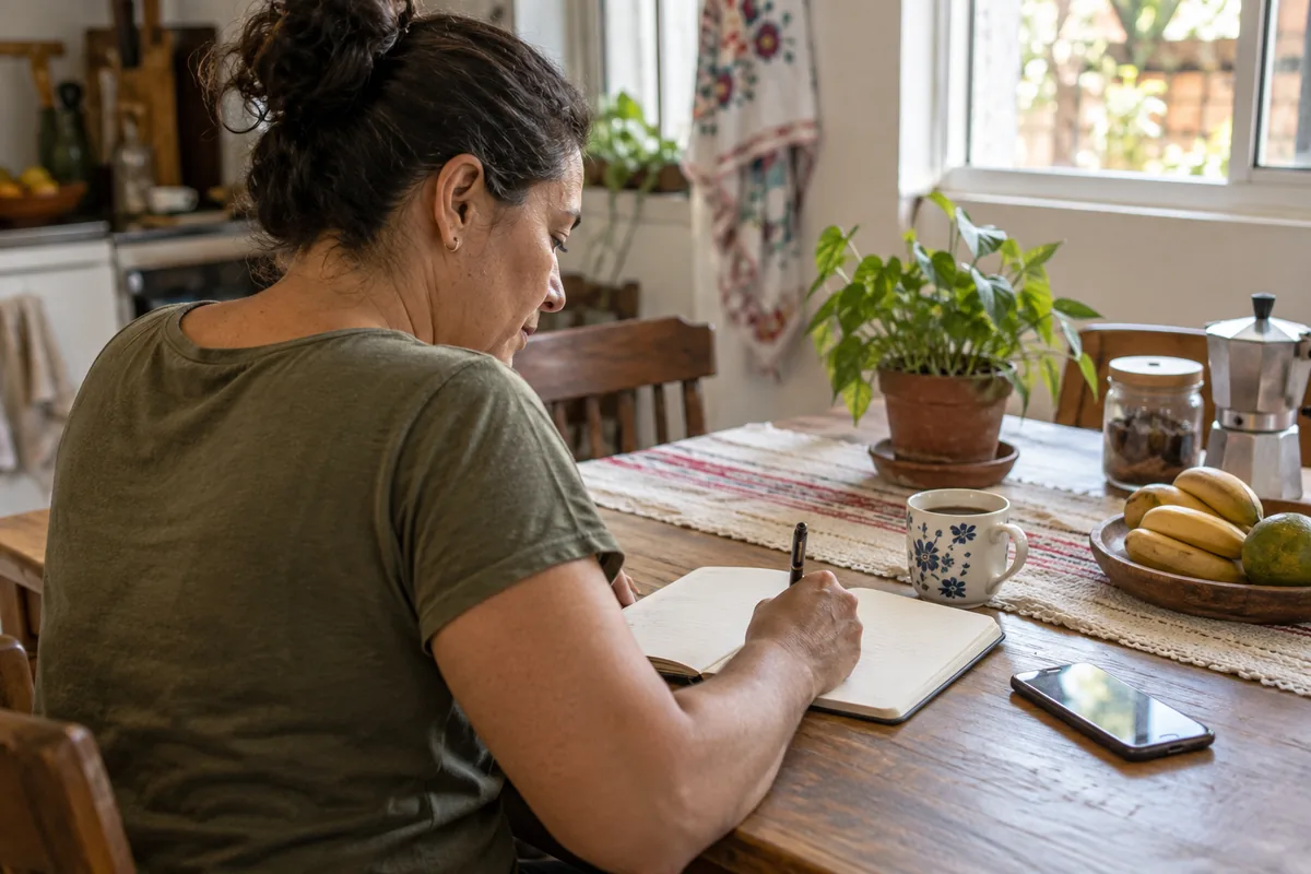 Pessoa organiza a semana em um caderno sobre a mesa de casa