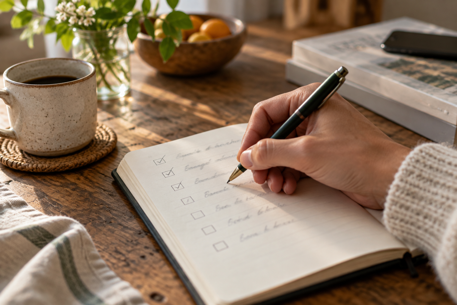 Pessoa marca uma tarefa concluída em um caderno sobre a mesa
