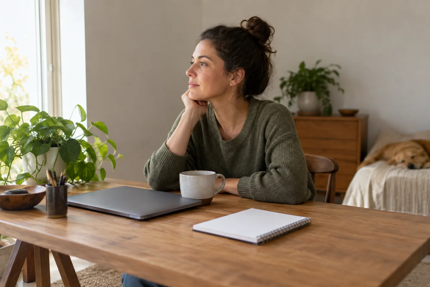 Mulher faz uma pausa diante do computador em uma mesa de trabalho