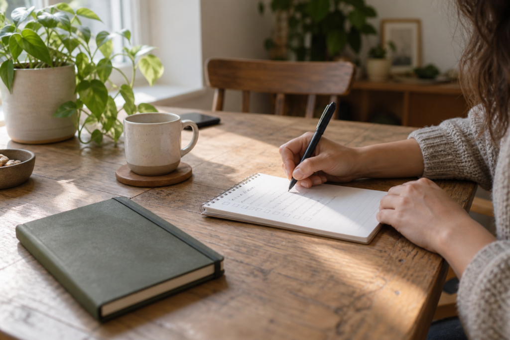 Mãos organizam prioridades em um caderno sobre uma mesa de trabalho