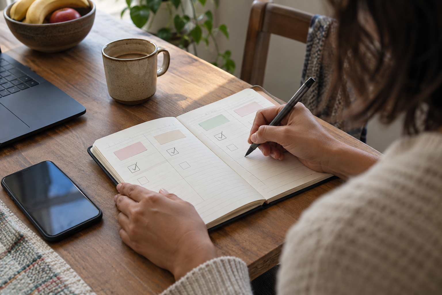 Pessoa organiza uma rotina simples em um caderno sobre a mesa