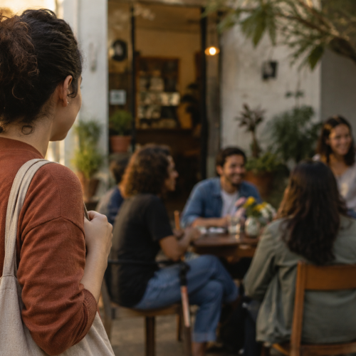 Pessoa se aproxima de um pequeno encontro social em um café