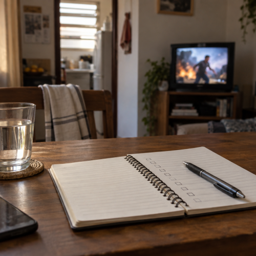 Caderno aberto com uma rotina simples sobre a mesa e filme antigo ao fundo