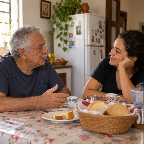 Filho adulto conversa com o pai idoso sentado à mesa