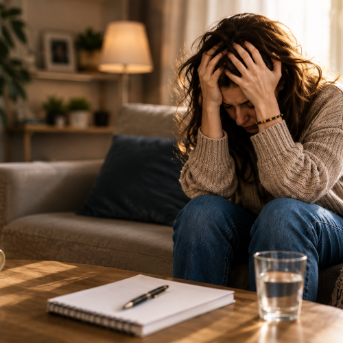 Mulher emocionalmente cansada sentada no sofá refletindo sobre sintomas da depressão