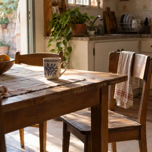Mesa de cozinha com uma caneca e uma cadeira vazia à luz da manhã