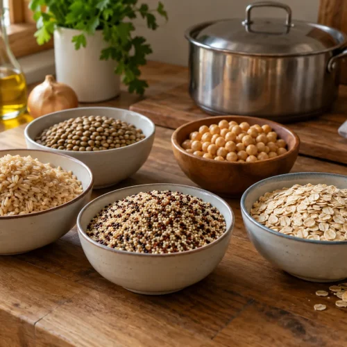 Tigelas com diferentes grãos integrais em uma cozinha