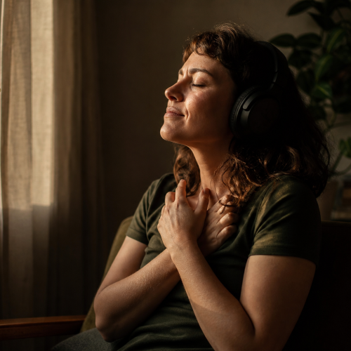 Pessoa ouvindo música com fones e sentindo um arrepio emocional