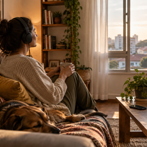 Pessoa escuta música durante uma pausa em casa no fim do dia
