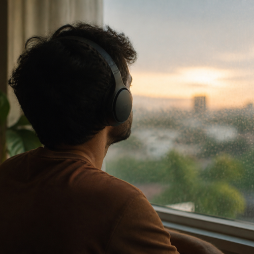 Pessoa com fones de ouvido observa a chuva pela janela ao fim da tarde
