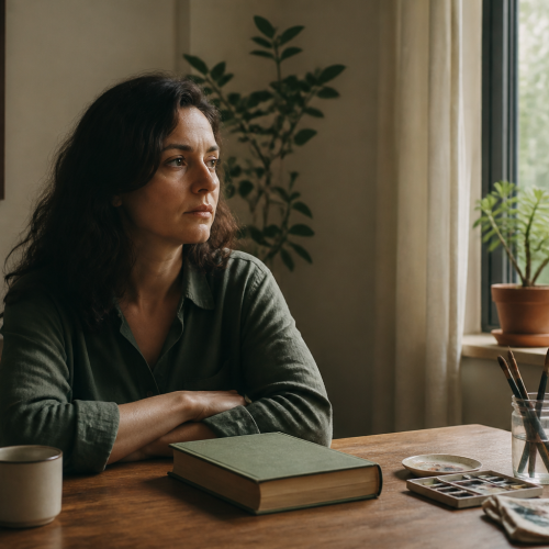 Pessoa sentada à mesa diante de atividades que costumava apreciar