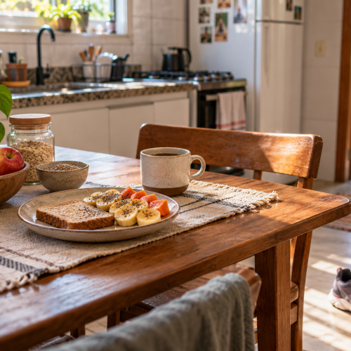 Mesa de café da manhã simples ao lado de tênis de caminhada