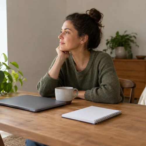 Mulher faz uma pausa diante do computador em uma mesa de trabalho