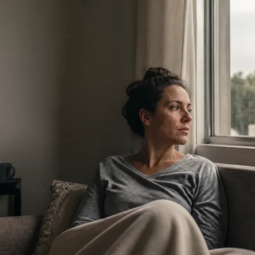 Mulher sentada perto da janela durante um momento de cansaço e introspecção.